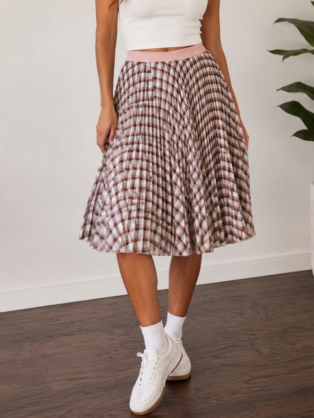 Belle Vere Pleated Plaid Midi Skirt Pink Brown Cream Size 6